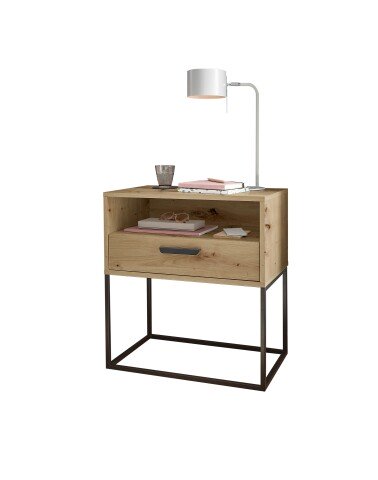 Nachtkommode >CUDRO< 1 Schub, 1 Fach, Artisan Eiche Dekor / schwarz - 60x65x38,5cm (BxHxT)