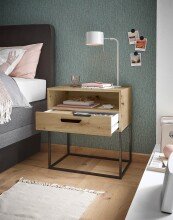 Nachtkommode >CUDRO< 1 Schub, 1 Fach, Artisan Eiche Dekor / schwarz - 60x65x38,5cm (BxHxT)
