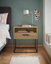 Nachtkommode >CUDRO< 1 Schub, 1 Fach, Artisan Eiche Dekor / schwarz - 60x65x38,5cm (BxHxT)