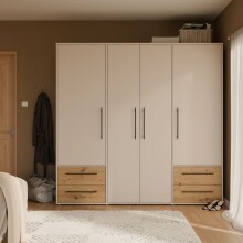 Drehtürenschrank >MOKKARIS< sandfarbig / Artisan Eiche Dekor - 205,9x200,1x58,8cm (BxHxT)