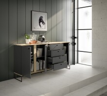 Sideboard >Kandoo< in Anthrazit / Evoke Oak, Holzwerkstoff - 180x89x38cm (BxHxT)