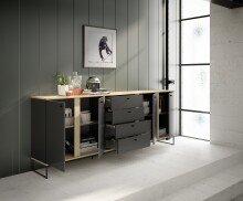 Sideboard >Kandoo< in Anthrazit / Evoke Oak Dekor - 225x89x38 (BxHxT)