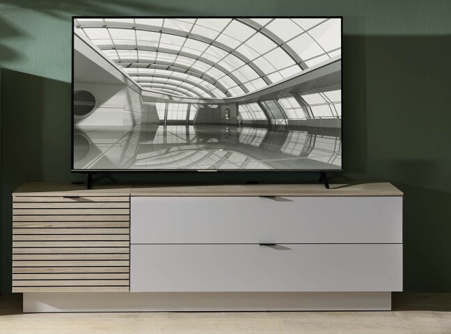 Wohnwand >Ina< (2-teilig) in Riva Eiche Dekor/Cashmere - 200x62x44 (BxHxT)