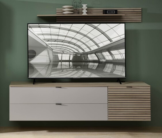 Wohnwand >Ina< (3-teilig) in Riva Eiche Dekor / Cashmere - 200x62x44 (BxHxT)