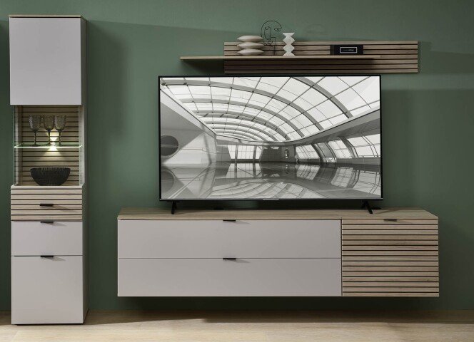 Wohnwand >Ina< (4-teilig) in Riva Eiche Dekor / Cashmere - 245x200x44 (BxHxT)