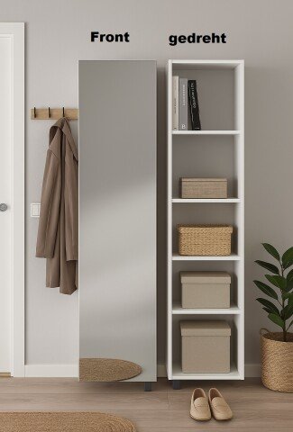 Schuhschrank >Woody< drehbar, 5 Fächer, in weiss / Spiegel - 34x190x27 (BxHxT)