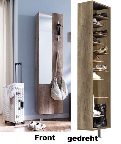 Schuhschrank >Woody< drehbar, wildeiche trüffel / Spiegel - 45x176x25 (BxHxT)