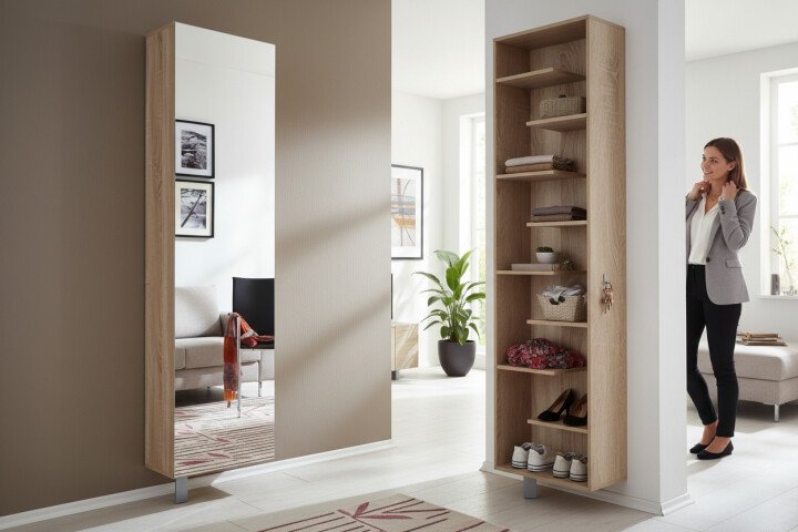 Schuhschrank >Woody< drehbar, eiche dekor sägerau / Spiegel - 45x189x25 (BxHxT)