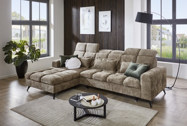 Polstergarnitur >Franciska<  Sitztiefen + Kopfteilverstellung, hellbraun - 286x88x195 (BxHxT)