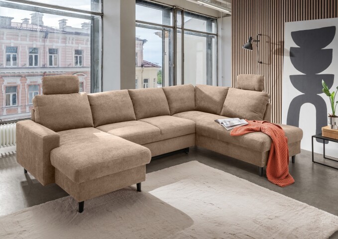 Wohnlandschaft >Pris<  U-Form, Funktionen, hellbraun - 153x305x75x200 (LxBxHxT)