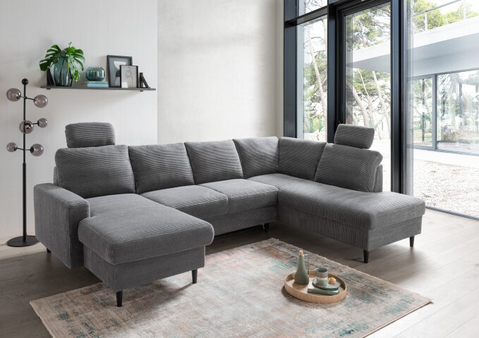 Wohnlandschaft >Pris<  U-Form, Funktionen, Cord grau - 153x305x75x200 (LxBxHxT)