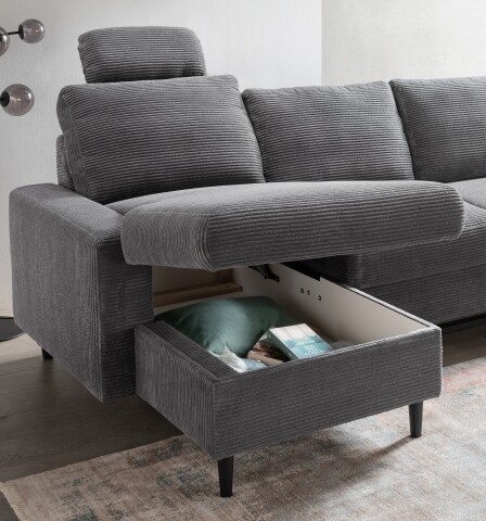 Wohnlandschaft >Pris<  U-Form, Funktionen, Cord grau - 153x305x75x200 (LxBxHxT)