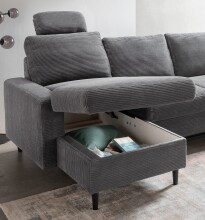 Wohnlandschaft >Pris<  U-Form, Funktionen, Cord grau - 153x305x75x200 (LxBxHxT)