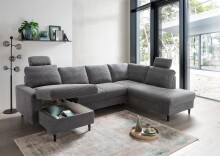 Wohnlandschaft >Pris<  U-Form, Funktionen, Cord grau - 153x305x75x200 (LxBxHxT)