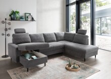 Wohnlandschaft >Pris<  U-Form, Funktionen, Cord grau - 153x305x75x200 (LxBxHxT)