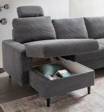 Wohnlandschaft >Pris<  U-Form, Funktionen, Cord grau - 153x305x75x200 (LxBxHxT)