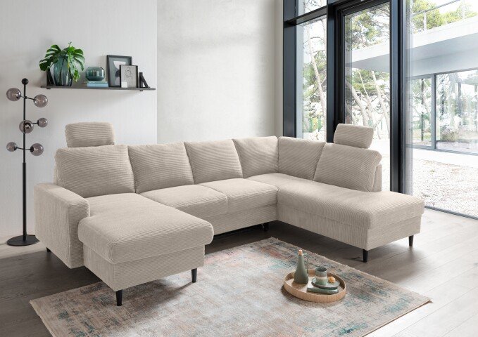 Wohnlandschaft >Pris< U-Form, Funktionenn, cord beige - 153x305x75x200 (LxBxHxT)