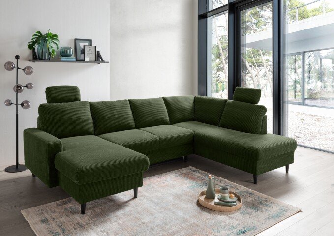 Wohnlandschaft >Pris< U-Form, Funktionen, cord moosgrün - 153x305x75x200 (LxBxHxT)