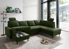 Wohnlandschaft >Pris< U-Form, Funktionen, cord moosgrün - 153x305x75x200 (LxBxHxT)