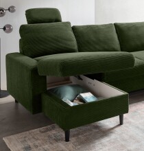 Wohnlandschaft >Pris< U-Form, Funktionen, cord moosgrün - 153x305x75x200 (LxBxHxT)