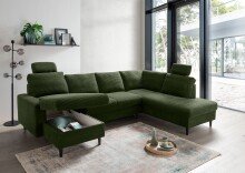 Wohnlandschaft >Pris< U-Form, Funktionen, cord moosgrün - 153x305x75x200 (LxBxHxT)