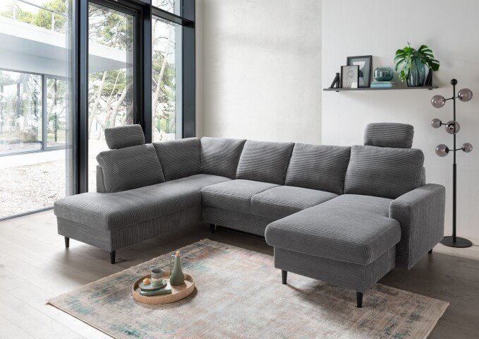 Wohnlandschaft >Pris< U-Form, Funktionen, cord grau - 153x305x75x200 (LxBxHxT)