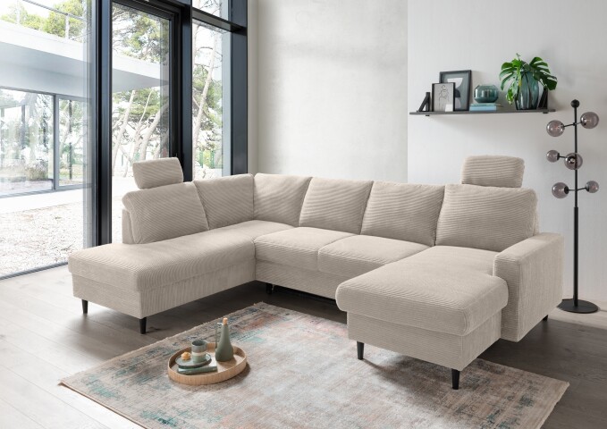 Wohnlandschaft >Pris< U-Form, Funktionen, cord beige - 153x305x75x200 (LxBxHxT)