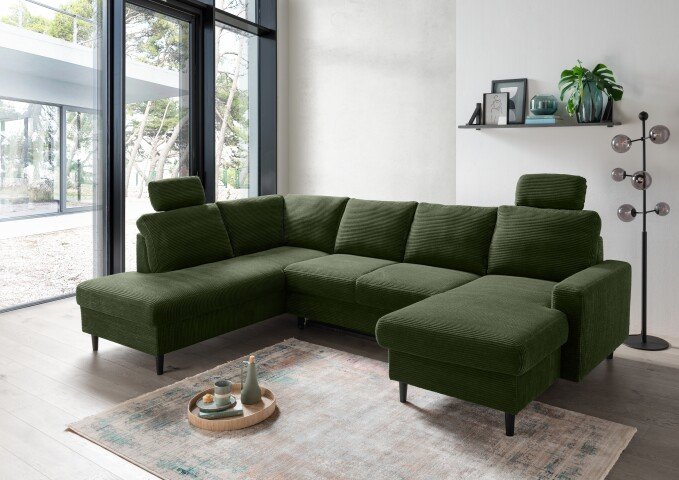 Wohnlandschaft >Pris< U-Form, Funktionen, cord Moosgrün - 153x305x75x200 (LxBxHxT)