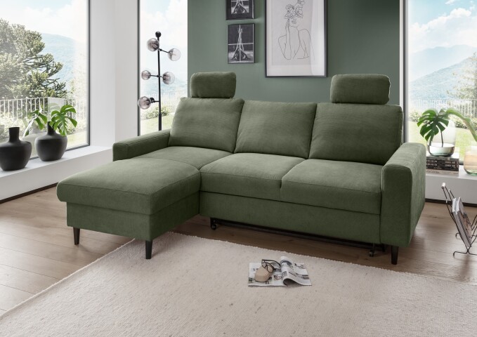 Ecksofa >Pris< Schlaffunktion, Stauraum, dunkelgrün - 234x88x147 (BxHxT)