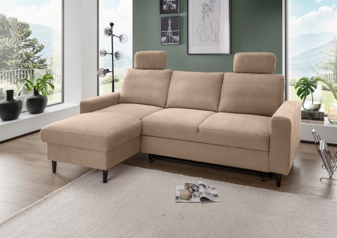 Ecksofa >Pris< Schlaffunktion, Stauraum, hellbraun - 234x88x147 (BxHxT)