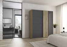 Schwebetürenschrank >Mosbach< grau metallic / Eiche Artisan - 181x210x62 (BxHxT)