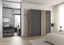 Schwebetürenschrank >Mosbach< grau metallic / Eiche Artisan - 181x210x62 (BxHxT)