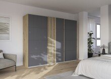 Schwebetürenschrank >Mosbach< in grau metallic / Eiche Artisan - 271x210x62 (BxHxT)