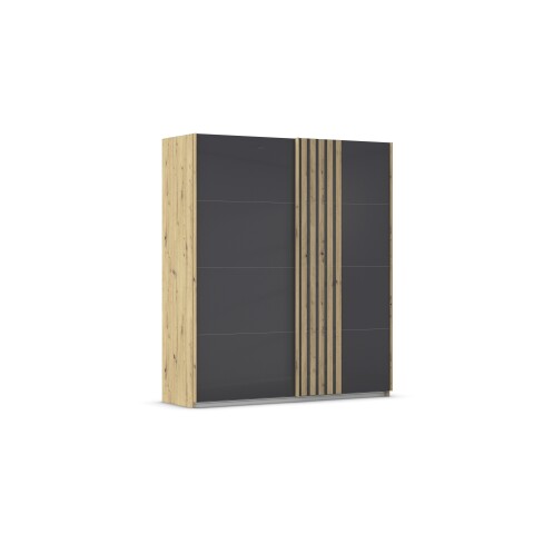 Schwebetürenschrank >Mosbach< in Glas basalt / Eiche Artisan - 181x210x62 (BxHxT)