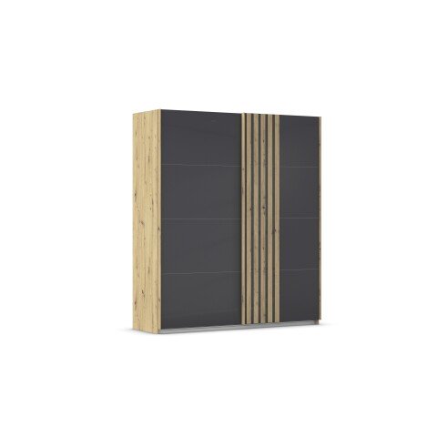 Schwebetürenschrank >Mosbach< in Glas basalt / Eiche Artisan - 181x210x62 (BxHxT)