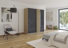 Schwebetürenschrank >Mosbach< in Glas basalt / Eiche Artisan - 181x210x62 (BxHxT)