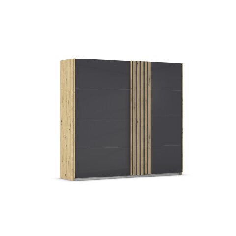 Schwebetürenschrank >Mosbach< in Glas basalt / Eiche Artisan - 226x210x62 (BxHxT)