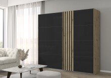 Schwebetürenschrank >Mosbach< in Glas basalt / Eiche Artisan - 226x210x62 (BxHxT)