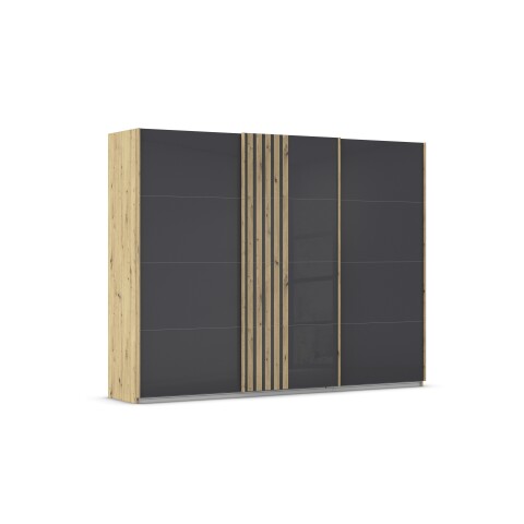 Schwebetürenschrank >Mosbach< in Glas basalt / Eiche Artisan - 271x210x62 (BxHxT)