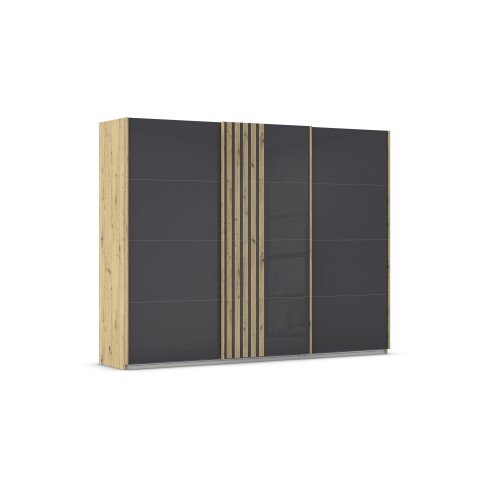 Schwebetürenschrank >Mosbach< in Glas basalt / Eiche Artisan - 271x210x62 (BxHxT)