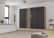 Schwebetürenschrank >Mosbach< in Glas basalt / Eiche Artisan - 271x210x62 (BxHxT)