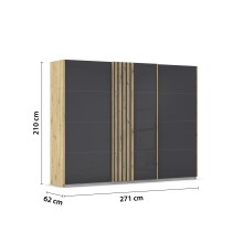 Schwebetürenschrank >Mosbach< in Glas basalt / Eiche Artisan - 271x210x62 (BxHxT)