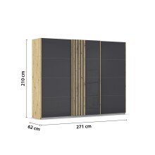 Schwebetürenschrank >Mosbach< in Glas basalt / Eiche Artisan - 271x210x62 (BxHxT)