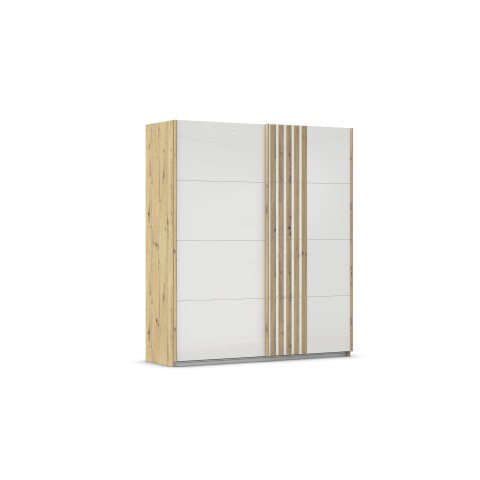 Schwebetürenschrank >Mosbach< in Glas kristallweiß / Eiche Artisan - 181x210x62 (BxHxT)