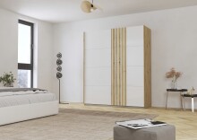 Schwebetürenschrank >Mosbach< in Glas kristallweiß / Eiche Artisan - 181x210x62 (BxHxT)