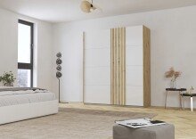 Schwebetürenschrank >Mosbach< in Glas kristallweiß / Eiche Artisan - 181x210x62 (BxHxT)