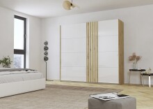 Schwebetürenschrank >Mosbach< in Glas kristallweiß / Eiche Artisan - 226x210x62 (BxHxT)