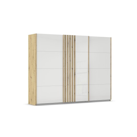 Schwebetürenschrank >Mosbach< in Glas kristallweiß / Eiche Artisan - 271x210x62 (BxHxT)