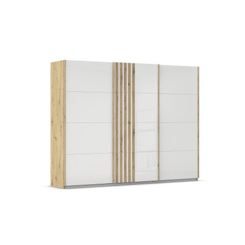 Schwebetürenschrank >Mosbach< in Glas kristallweiß / Eiche Artisan - 271x210x62 (BxHxT)