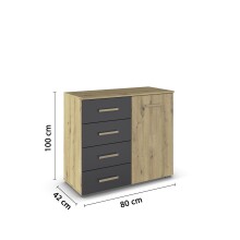 Kommode >Mosbach< in Eiche Artisan / grau metallic - 80x81x42 (BxHxT)